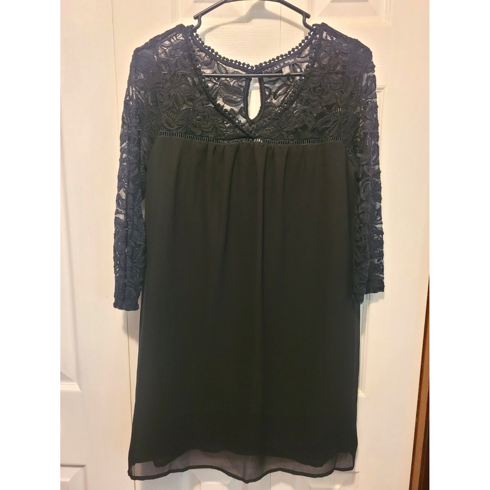 As U Wish Black Lace Sheer 3/4 Sleeve Shift Knee Length Dress Womens M